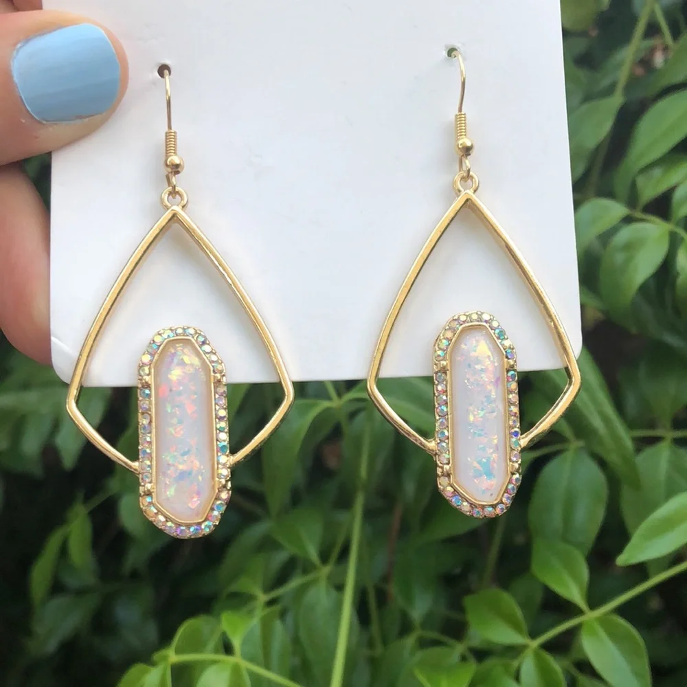 Opal + Aurora Borealis Crystal Halo Boho Gold Geometric Dangle Earrings
